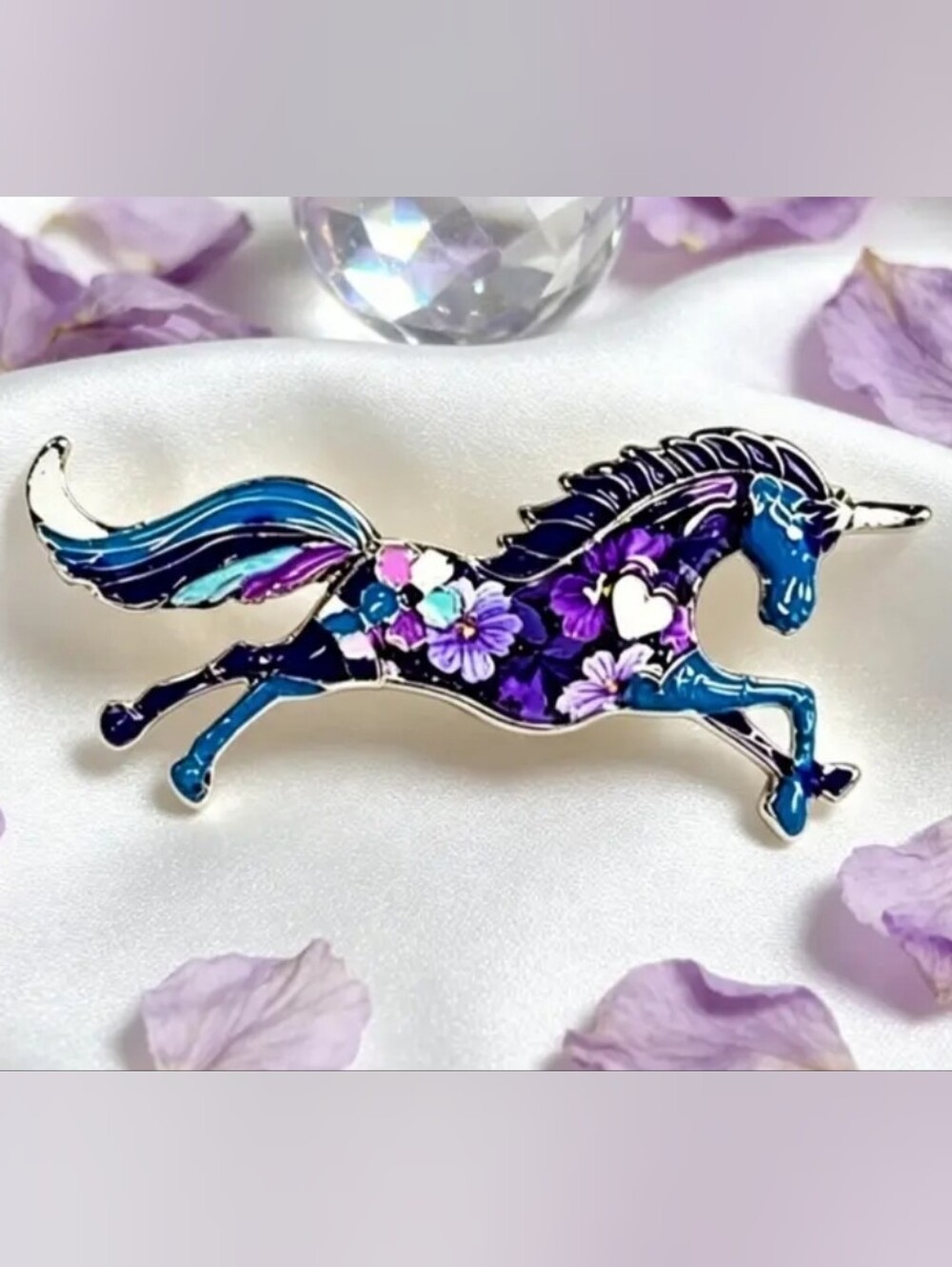 NWOT Floral Running Horse Enamel Brooch - Purple & Blue